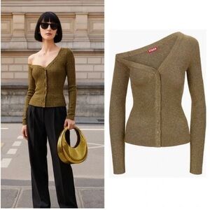 NWOT Staud Craftsmanship metallic Gold Asymetrical Off-Shoulder Cardigan Sweater
